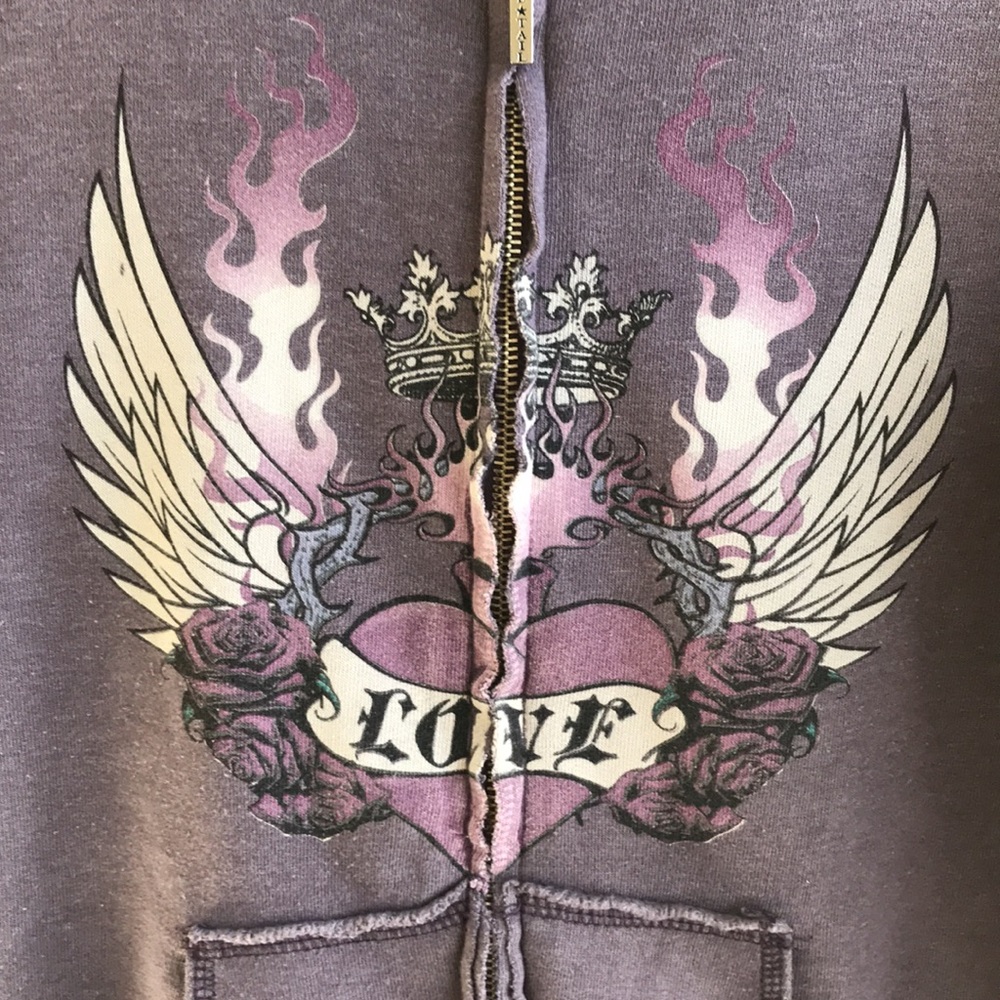 VTG Hard Tail Sz M hoodie mall goth purple roses crown LOVE  Wings Indie sleaze - Picture 2 of 12